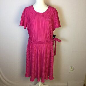 New! DKNY Pleated A-line Dress Sz 14 Womans Fuchsia Pink Tie Belt Short Sleeve
